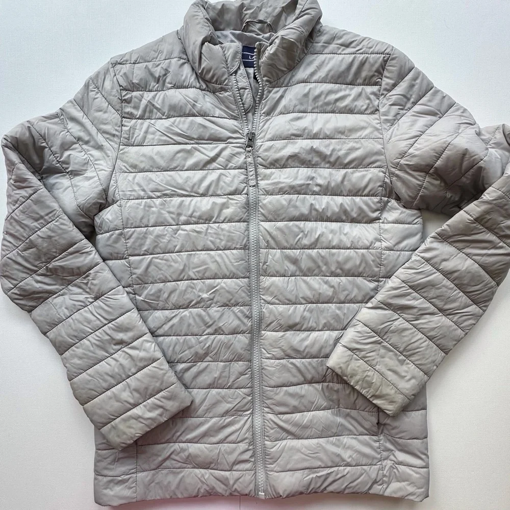 Lands End light gray or silver full zip winter puffer coat girls large 14-16 EUC